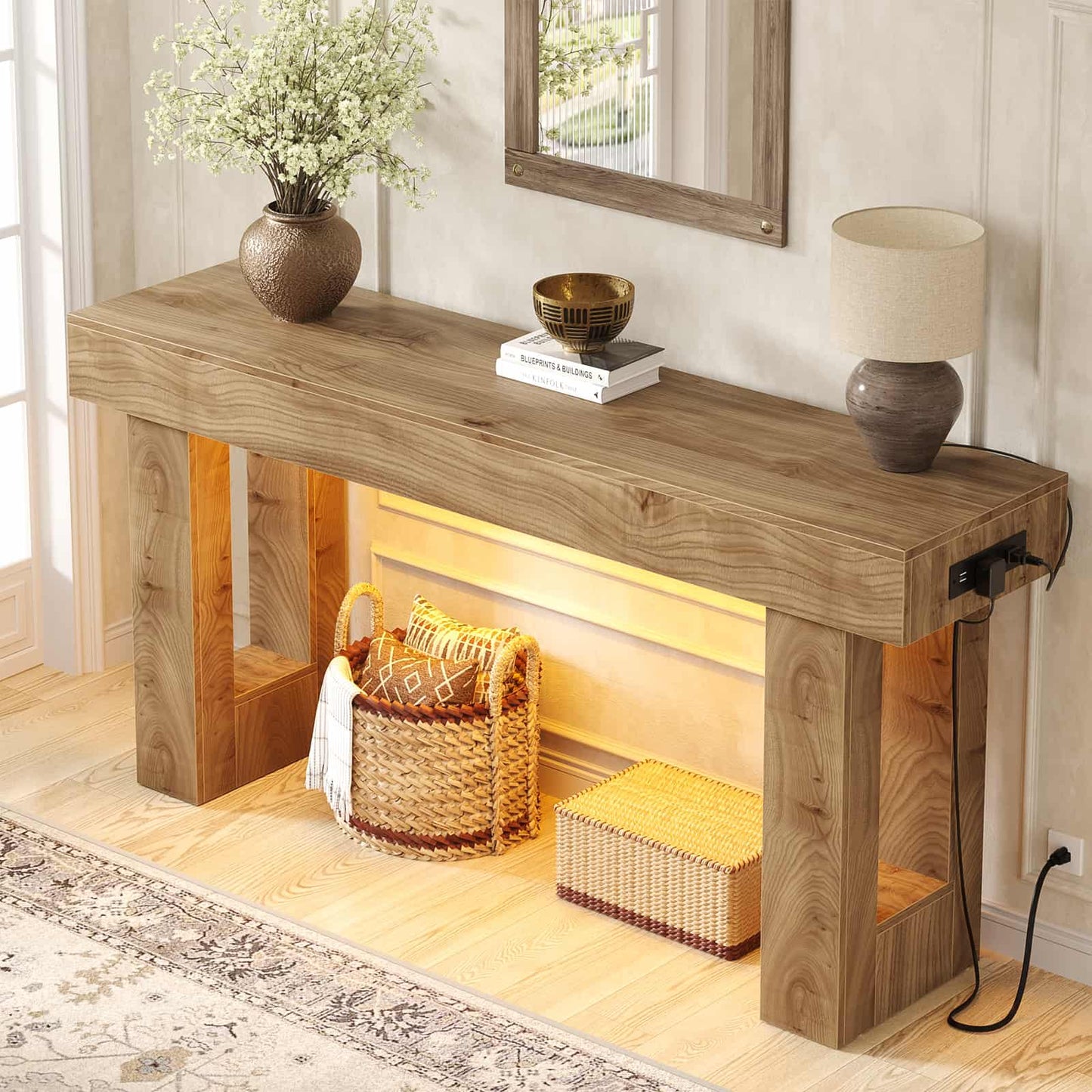 63'' Farmhouse Console Table with Power Outlets and Sensor Light