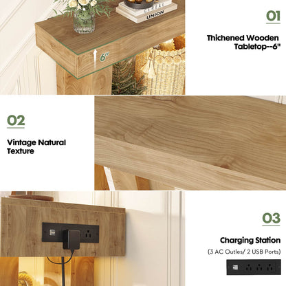 63'' Farmhouse Console Table with Power Outlets and Sensor Light