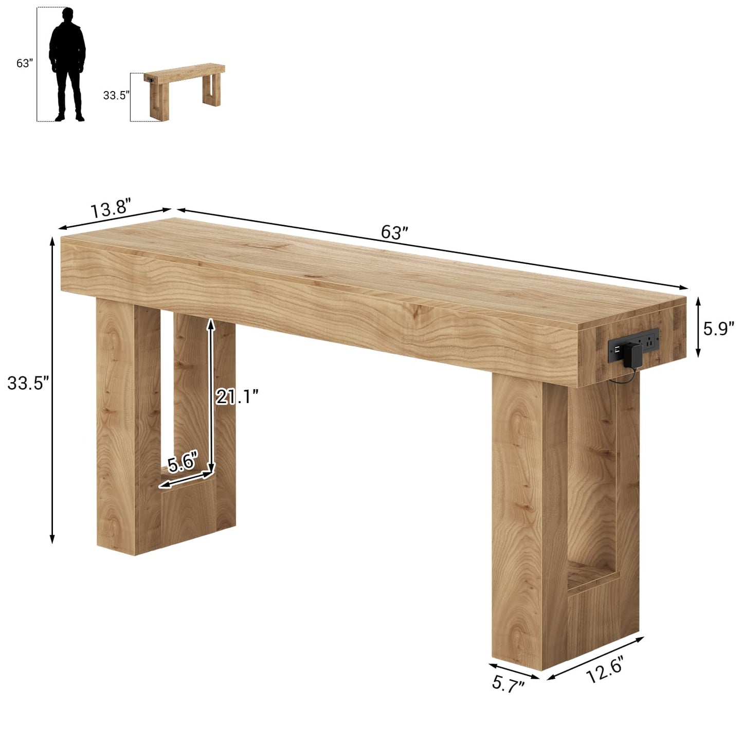 63'' Farmhouse Console Table with Power Outlets and Sensor Light