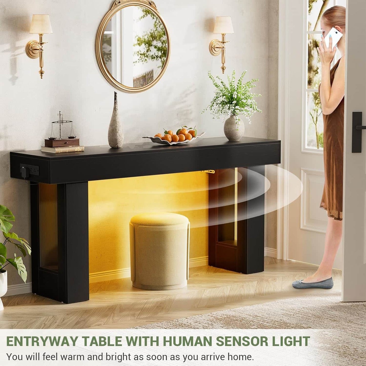 63'' Farmhouse Console Table with Power Outlets and Sensor Light