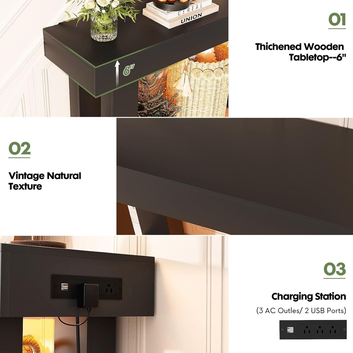 63'' Farmhouse Console Table with Power Outlets and Sensor Light