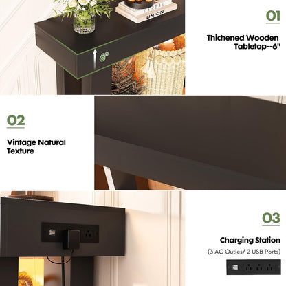63'' Farmhouse Console Table with Power Outlets and Sensor Light