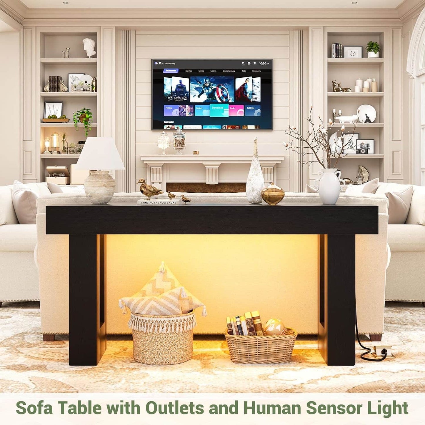 63'' Farmhouse Console Table with Power Outlets and Sensor Light