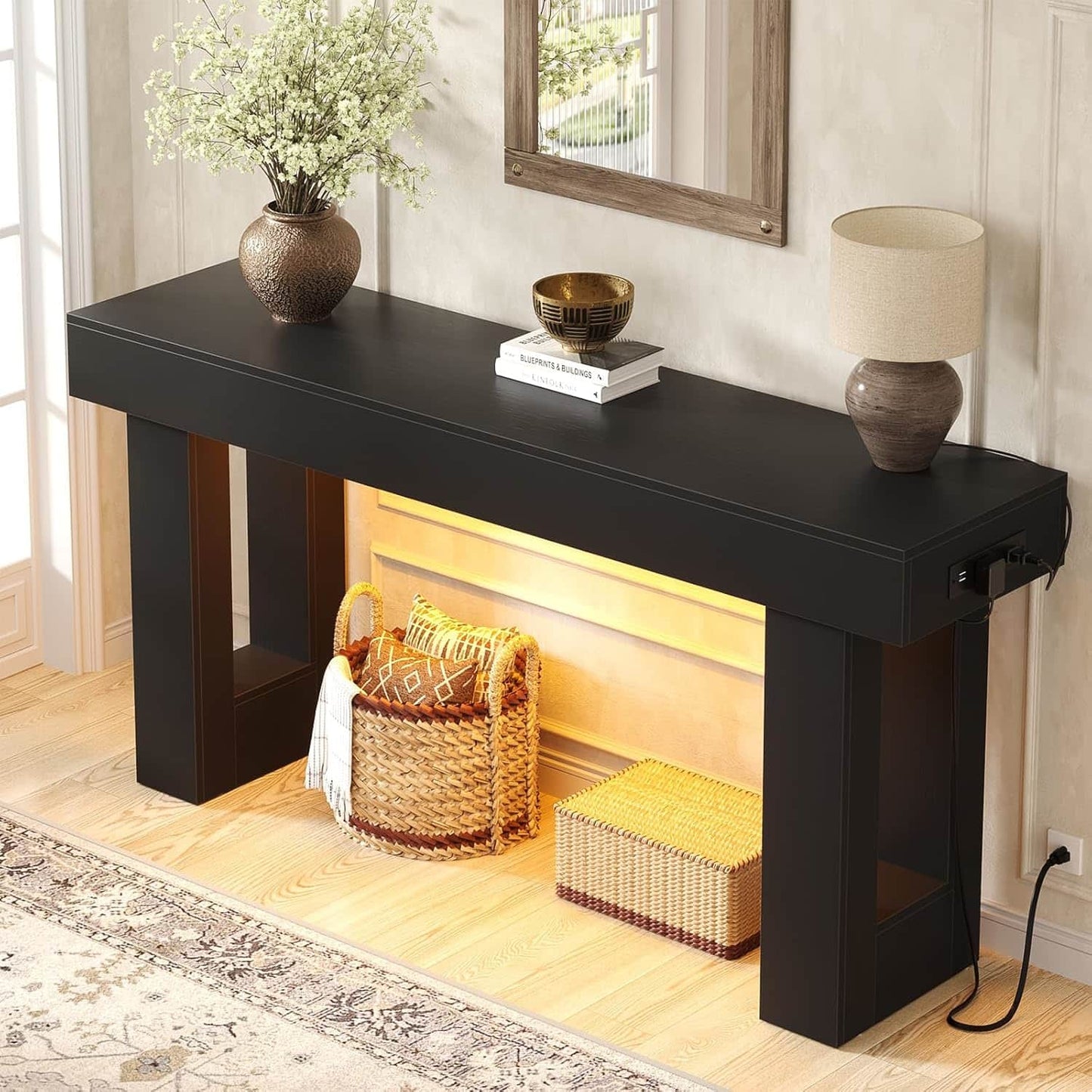 63'' Farmhouse Console Table with Power Outlets and Sensor Light