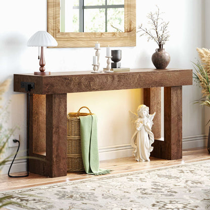 63'' Farmhouse Console Table with Power Outlets and Sensor Light