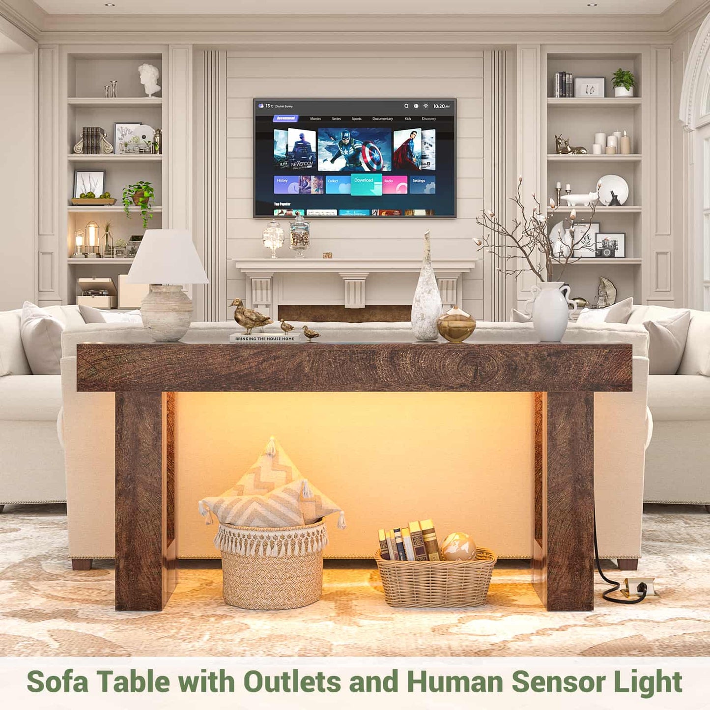 63'' Farmhouse Console Table with Power Outlets and Sensor Light