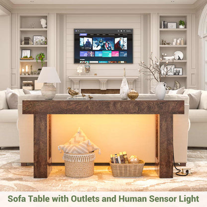 63'' Farmhouse Console Table with Power Outlets and Sensor Light
