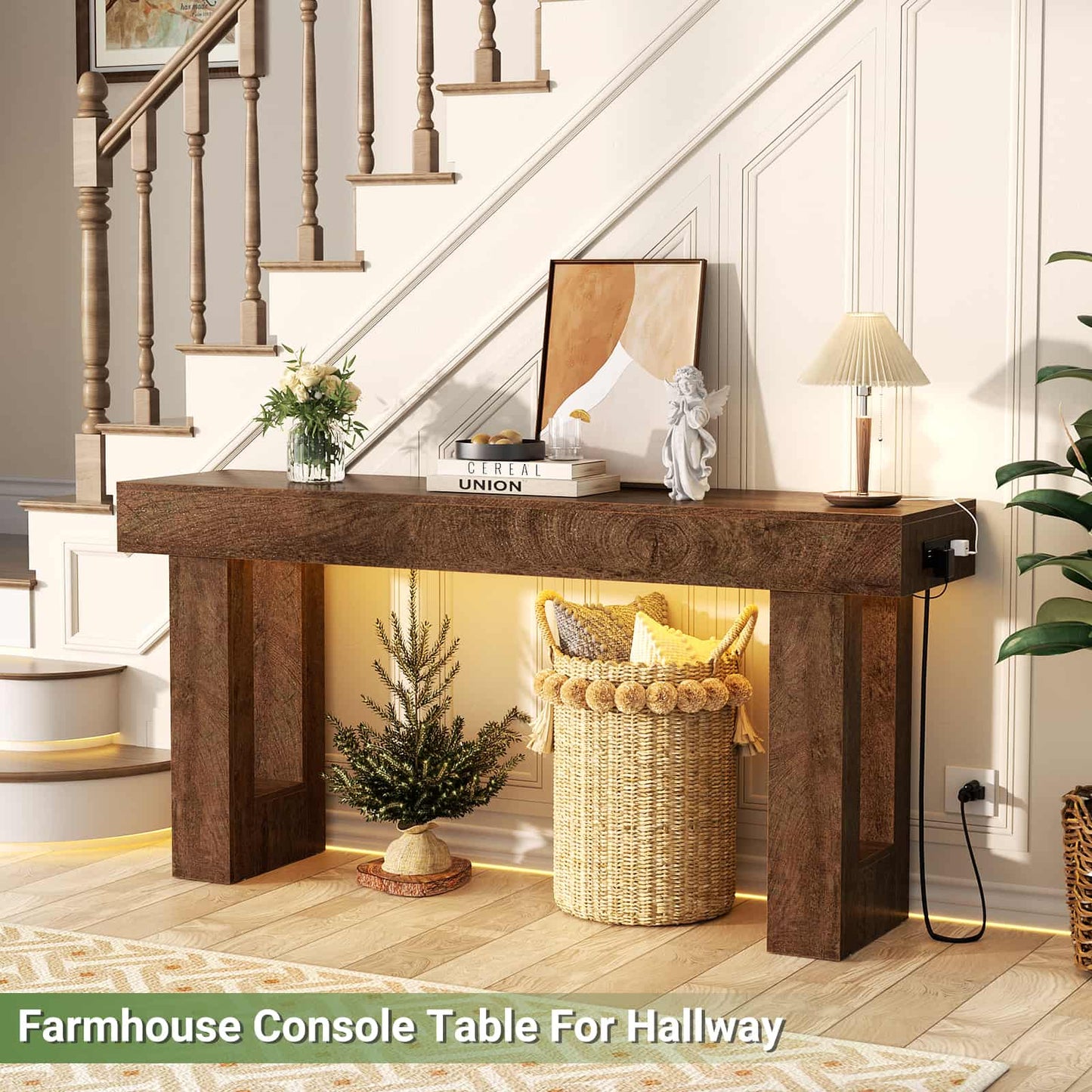 63'' Farmhouse Console Table with Power Outlets and Sensor Light