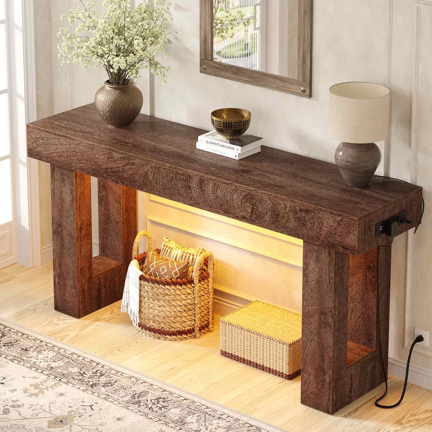 63'' Farmhouse Console Table with Power Outlets and Sensor Light
