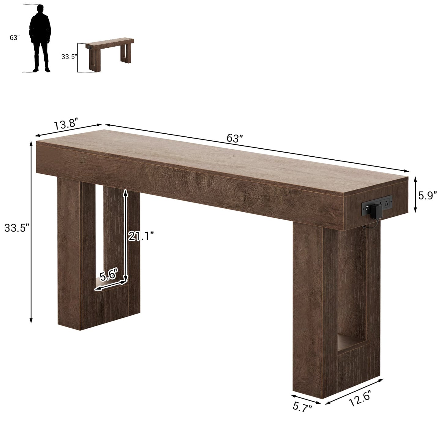 63'' Farmhouse Console Table with Power Outlets and Sensor Light