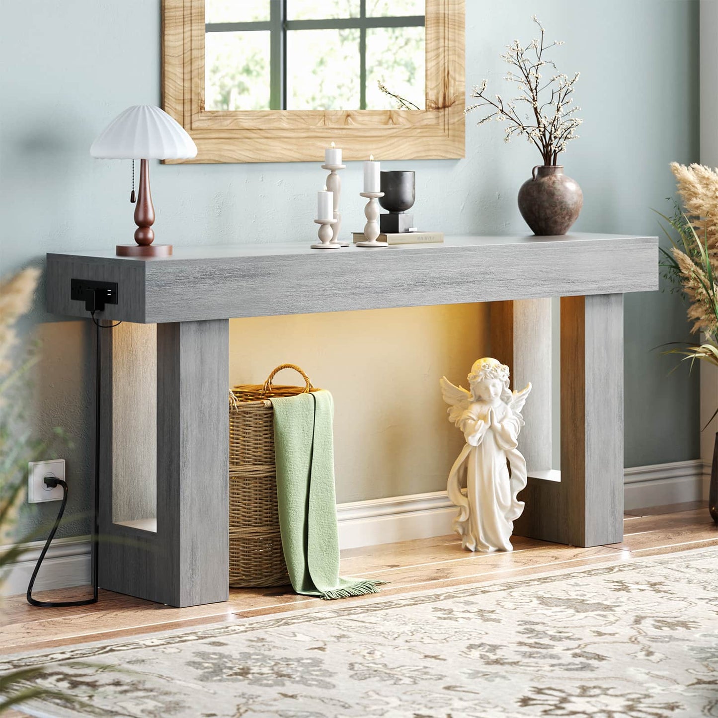63'' Farmhouse Console Table with Power Outlets and Sensor Light