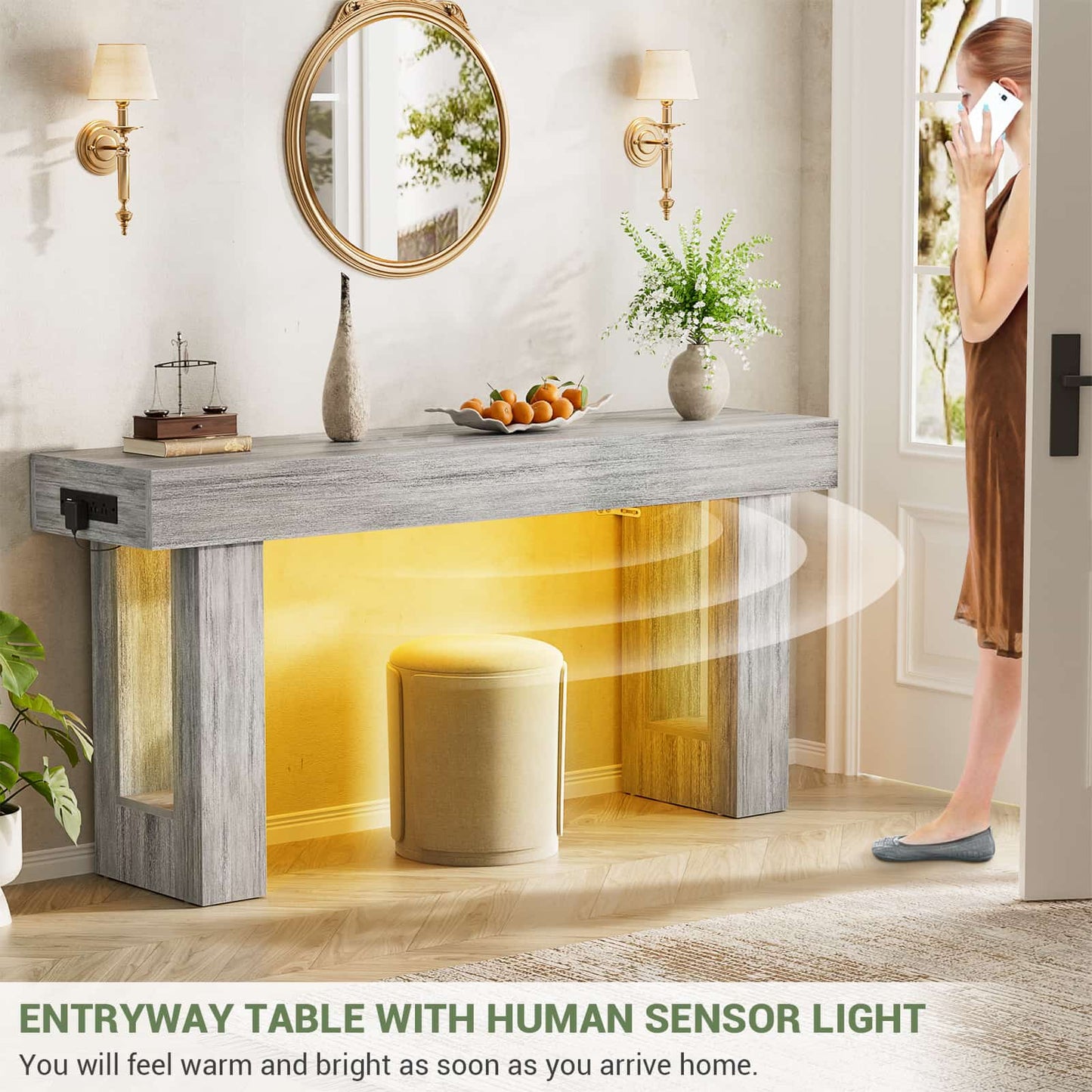 63'' Farmhouse Console Table with Power Outlets and Sensor Light