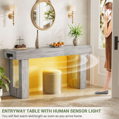 63'' Farmhouse Console Table with Power Outlets and Sensor Light