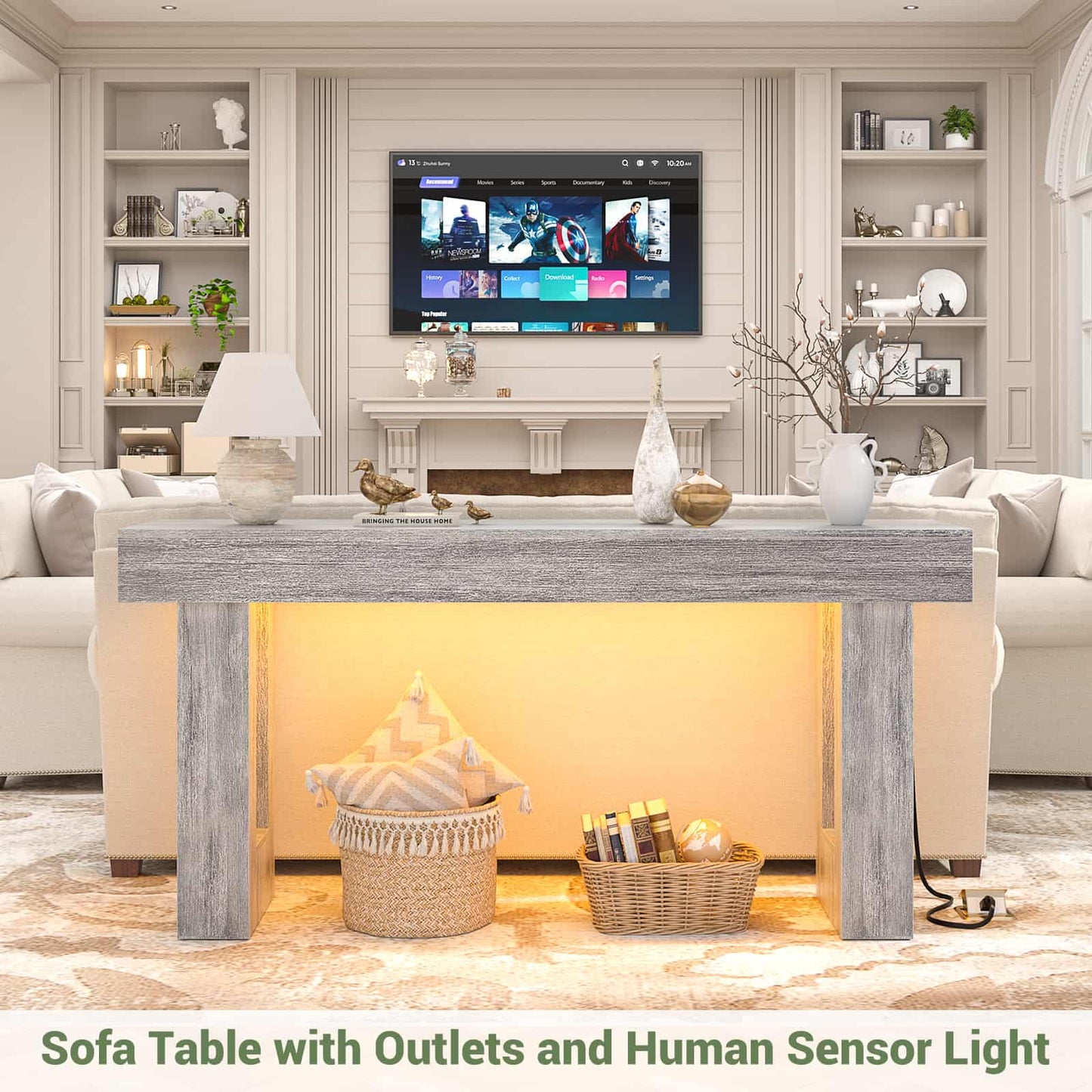 63'' Farmhouse Console Table with Power Outlets and Sensor Light