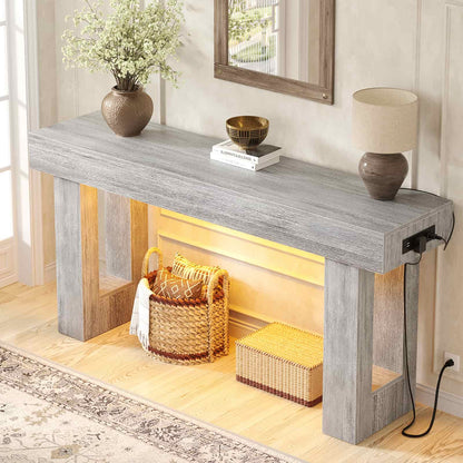 63'' Farmhouse Console Table with Power Outlets and Sensor Light