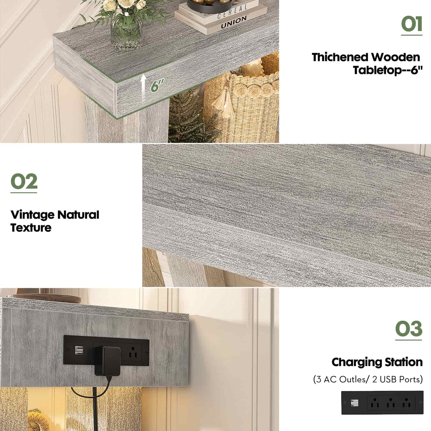 63'' Farmhouse Console Table with Power Outlets and Sensor Light