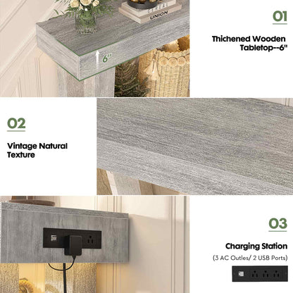 63'' Farmhouse Console Table with Power Outlets and Sensor Light