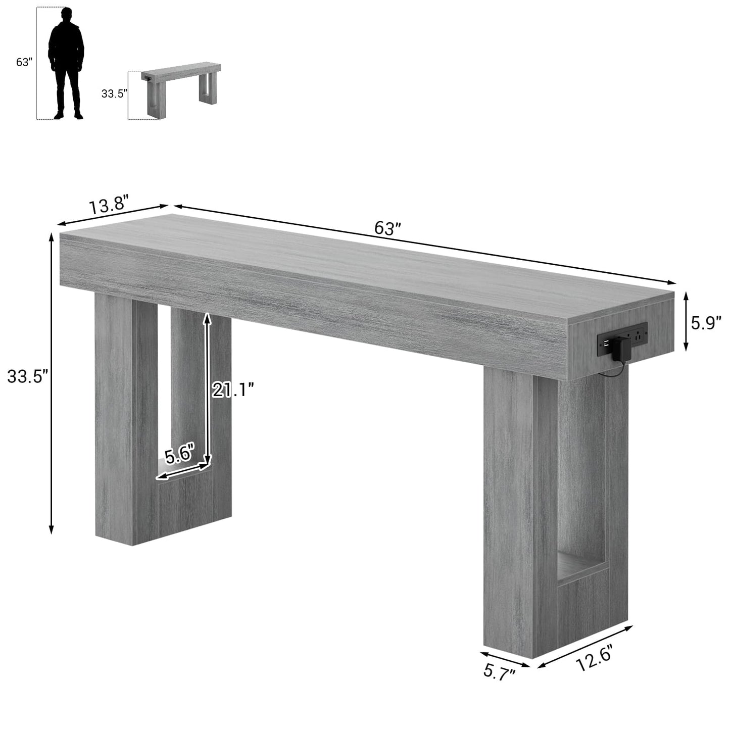 63'' Farmhouse Console Table with Power Outlets and Sensor Light