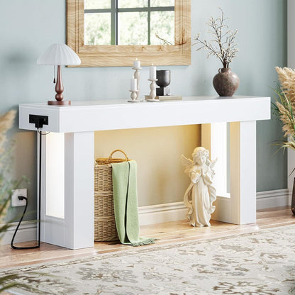 63'' Farmhouse Console Table with Power Outlets and Sensor Light
