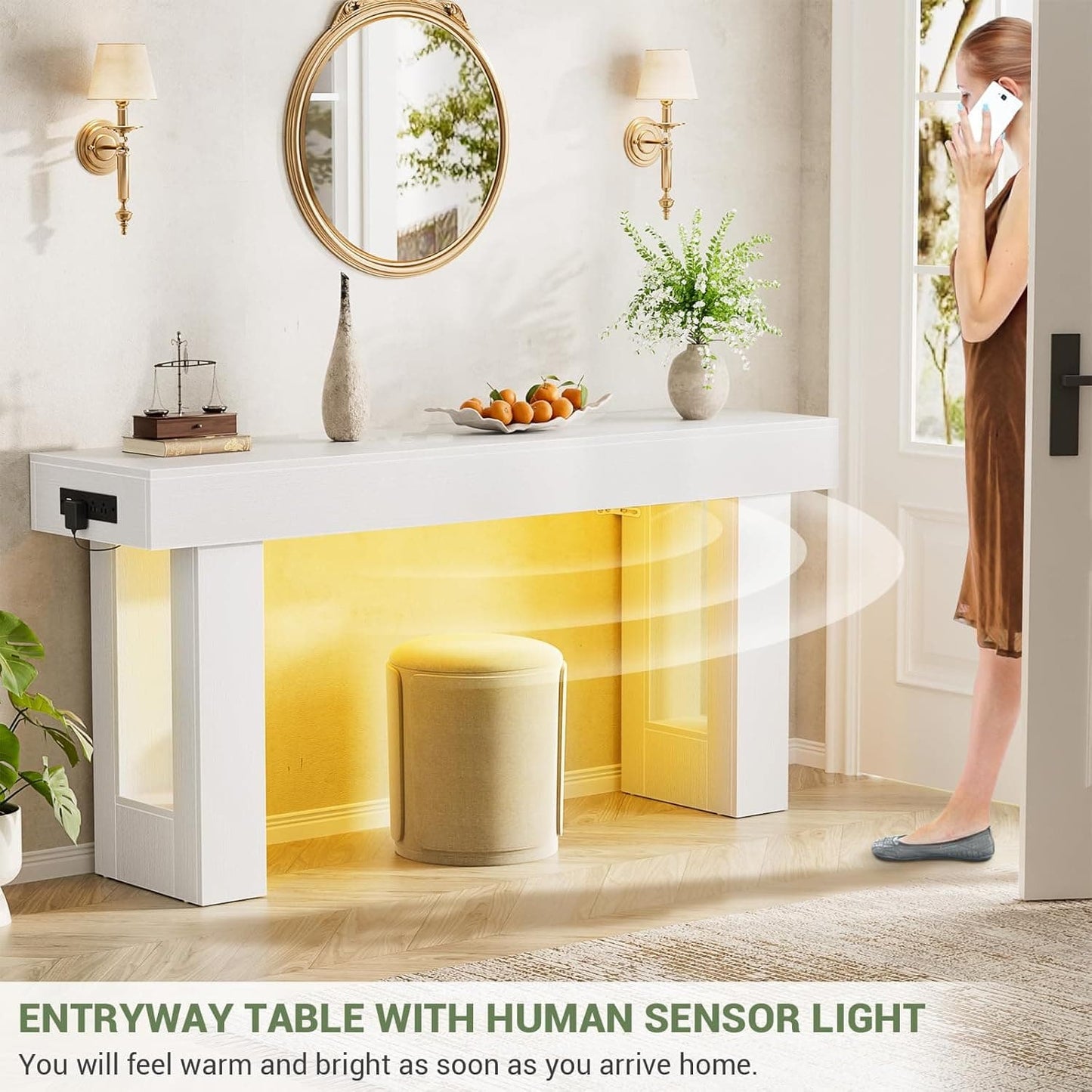 63'' Farmhouse Console Table with Power Outlets and Sensor Light