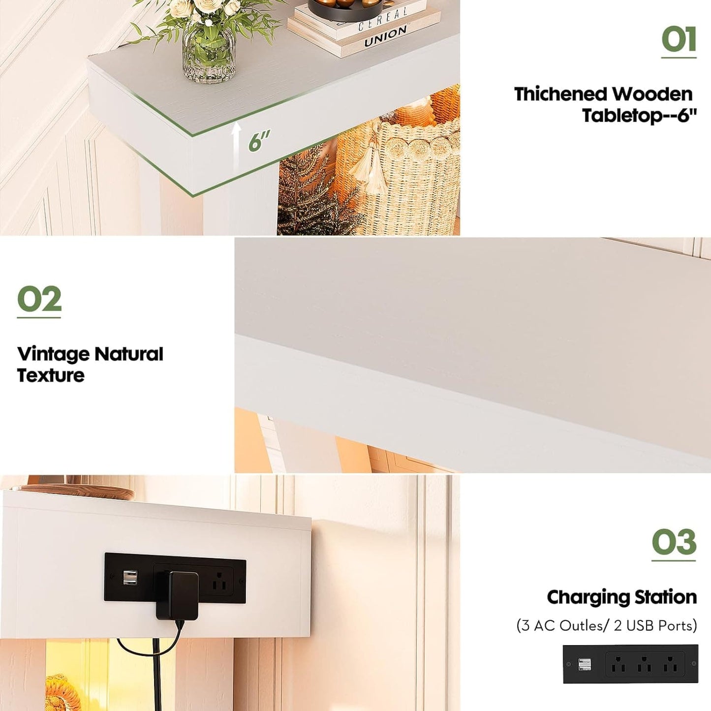 63'' Farmhouse Console Table with Power Outlets and Sensor Light