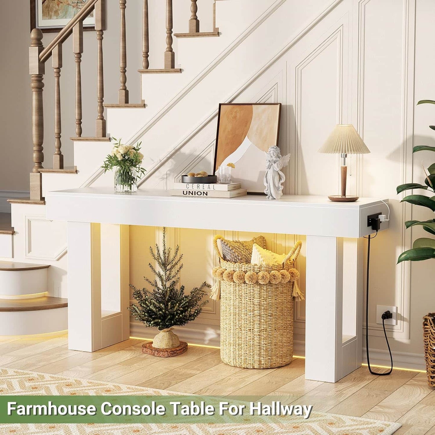 63'' Farmhouse Console Table with Power Outlets and Sensor Light