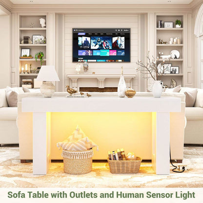63'' Farmhouse Console Table with Power Outlets and Sensor Light