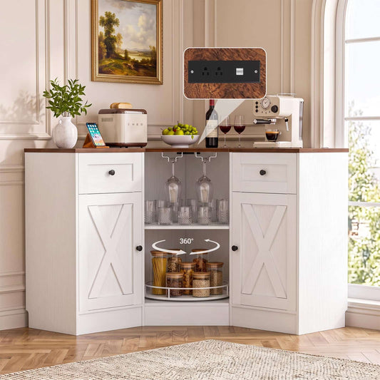 L-Shaped Corner Cabinet, Kitchen Pantry Storage Cabinet with Built-In Outlets & 360° Lazy Susan, Farmhouse Coffee Bar Cabinet,Corner Pantry for Kitchen Dining Living Room