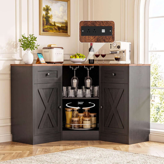L-Shaped Corner Cabinet, Kitchen Pantry Storage Cabinet with Built-In Outlets & 360° Lazy Susan, Farmhouse Coffee Bar Cabinet,Corner Pantry for Kitchen Dining Living Room