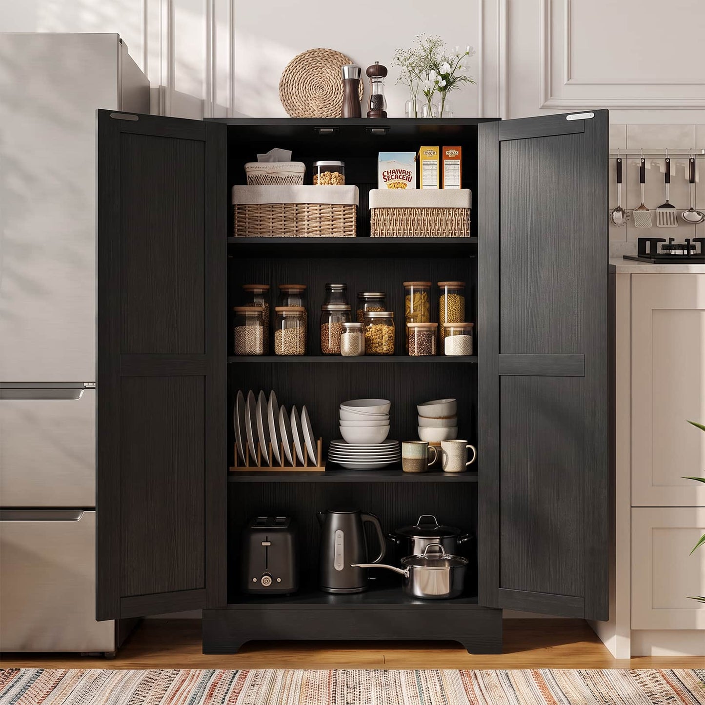 43.3'' Tall Small Farmhouse Pantry Cabinet with 3 Adjustable Shelves