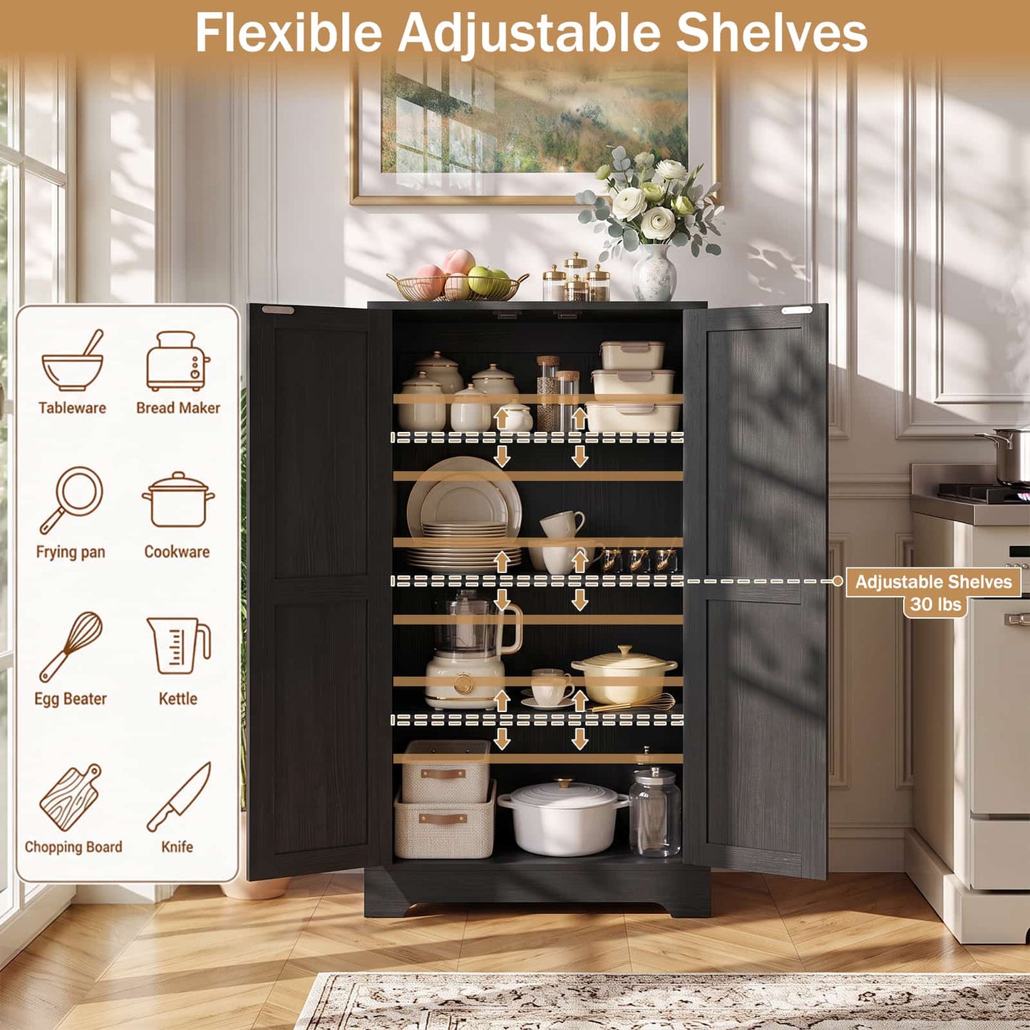 43.3'' Tall Small Farmhouse Pantry Cabinet with 3 Adjustable Shelves