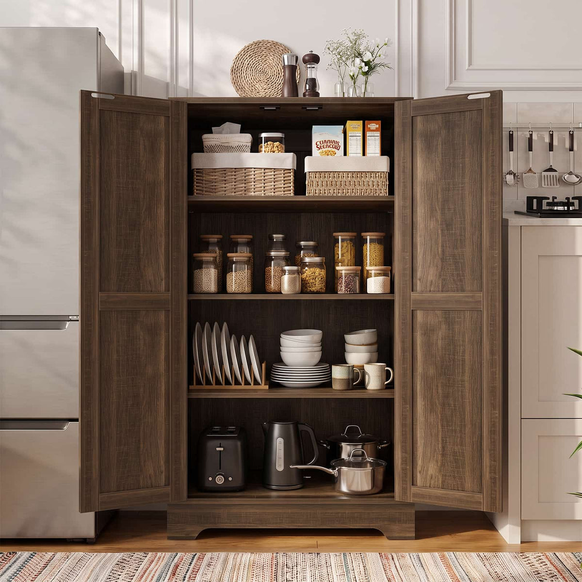 44'' W Pantry Storage Cabinet Set of 2, Small Farmhouse Pantry with Adjustable Shelves