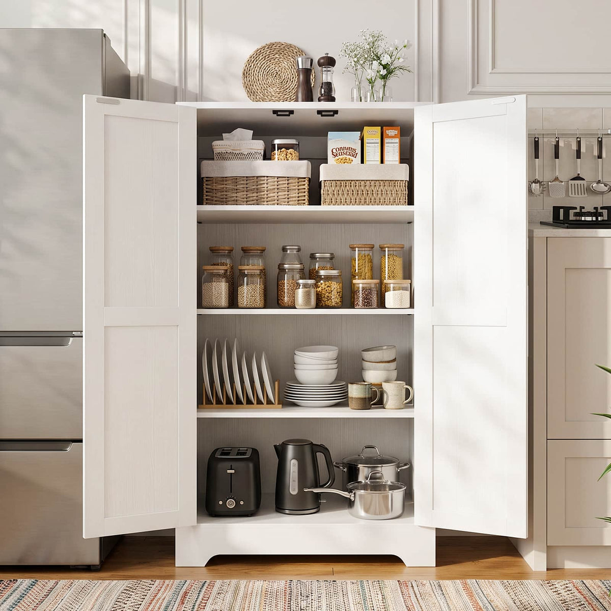 44'' W Pantry Storage Cabinet Set of 2, Small Farmhouse Pantry with Adjustable Shelves