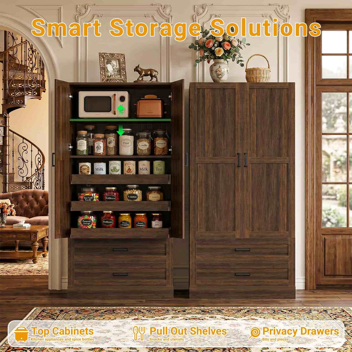 2-Pack 71" Tall Freestanding Pantry Cabinets with Pull-Out Shelves & Deep Drawers- Ultimate Kitchen & Home Storage Set
