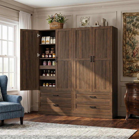 2-Pack 71" Tall Freestanding Pantry Cabinets with Pull-Out Shelves & Deep Drawers- Ultimate Kitchen & Home Storage Set