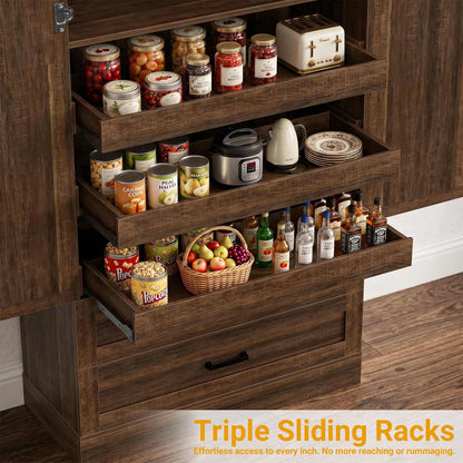 71" Freestanding Tall Pantry Cabinet with Pull-Out Shelves & Drawers– Maximize Kitchen, Living Room & Laundry Storage