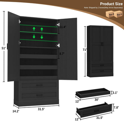 71" Freestanding Tall Pantry Cabinet with Pull-Out Shelves & Drawers– Maximize Kitchen, Living Room & Laundry Storage