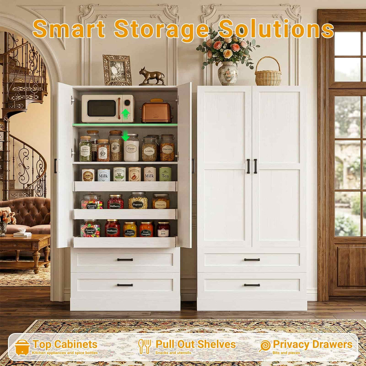 2-Pack 71" Tall Freestanding Pantry Cabinets with Pull-Out Shelves & Deep Drawers- Ultimate Kitchen & Home Storage Set