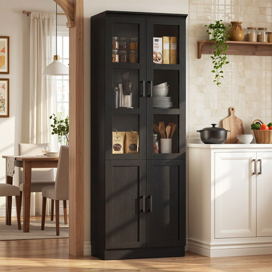 79.7'' Tall Freestanding Kitchen Storage Cabinet with Glass Doors and Adjustable Shelves