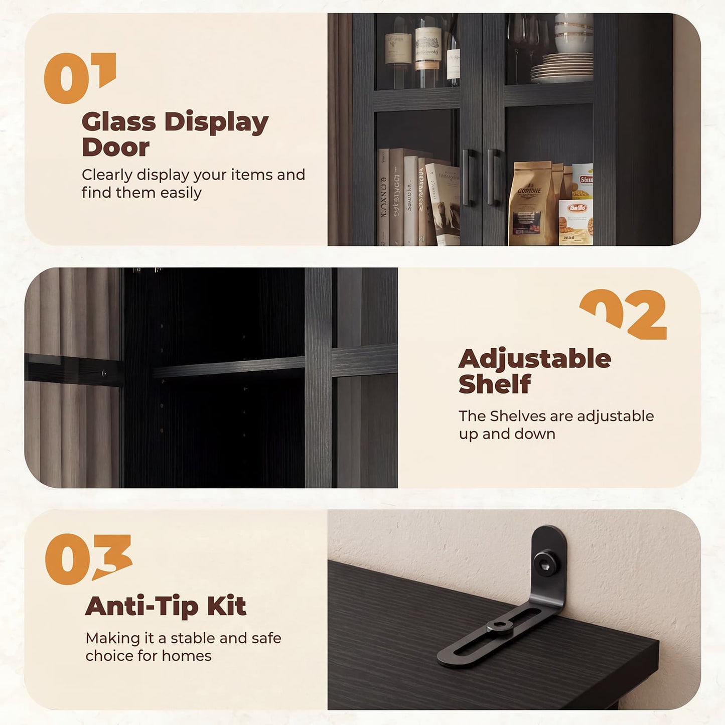 79.7'' Tall Freestanding Kitchen Storage Cabinet with Glass Doors and Adjustable Shelves