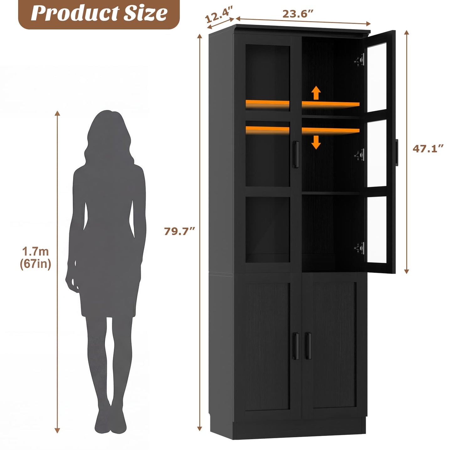 79.7'' Tall Freestanding Kitchen Storage Cabinet with Glass Doors and Adjustable Shelves