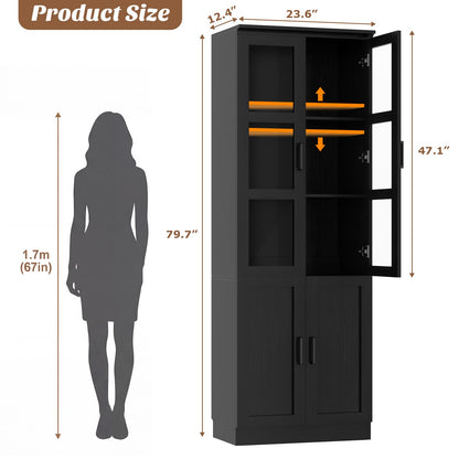 79.7'' Tall Freestanding Kitchen Storage Cabinet with Glass Doors and Adjustable Shelves