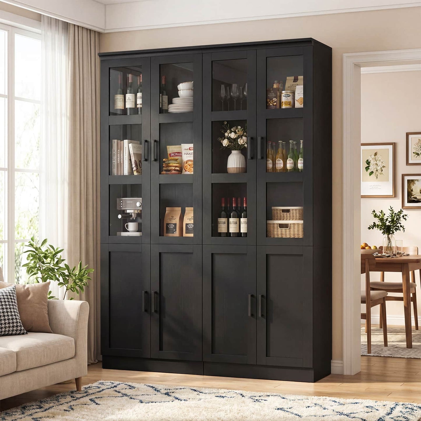 79.7'' Tall Freestanding Kitchen Storage Cabinet with Glass Doors and Adjustable Shelves
