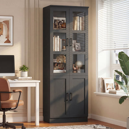 79.7'' Tall Freestanding Kitchen Storage Cabinet with Glass Doors and Adjustable Shelves