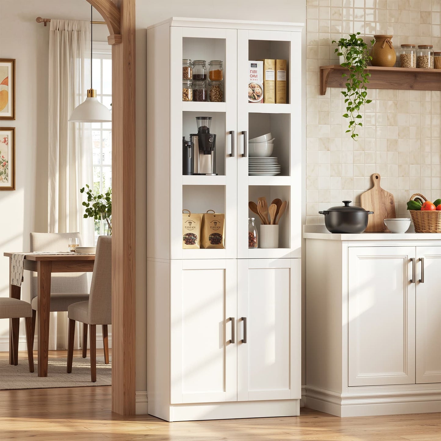 79.7'' Tall Freestanding Kitchen Storage Cabinet with Glass Doors and Adjustable Shelves