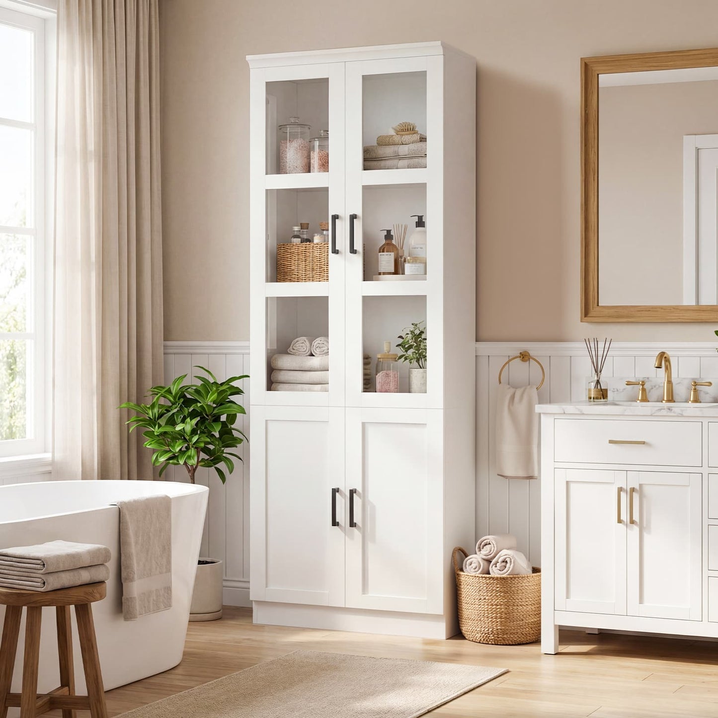 79.7'' Tall Freestanding Kitchen Storage Cabinet with Glass Doors and Adjustable Shelves