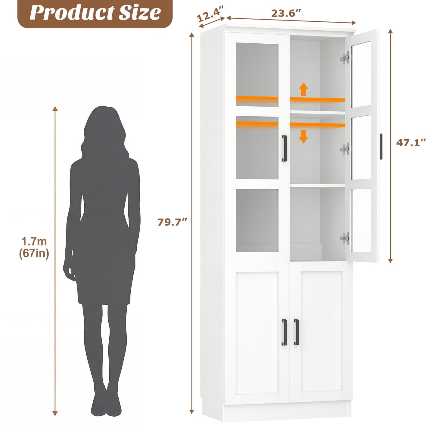 79.7'' Tall Freestanding Kitchen Storage Cabinet with Glass Doors and Adjustable Shelves