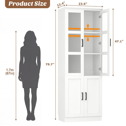 79.7'' Tall Freestanding Kitchen Storage Cabinet with Glass Doors and Adjustable Shelves
