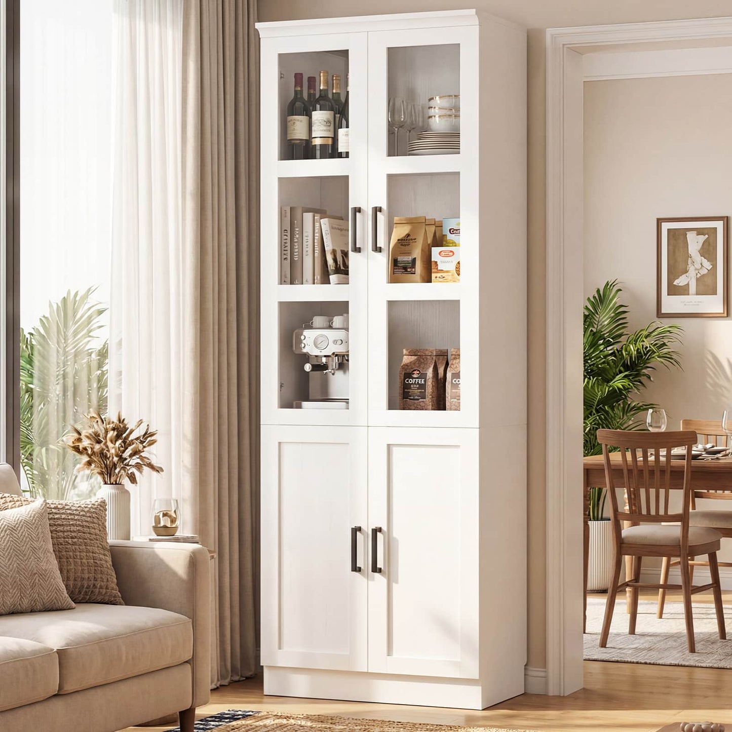 79.7'' Tall Freestanding Kitchen Storage Cabinet with Glass Doors and Adjustable Shelves