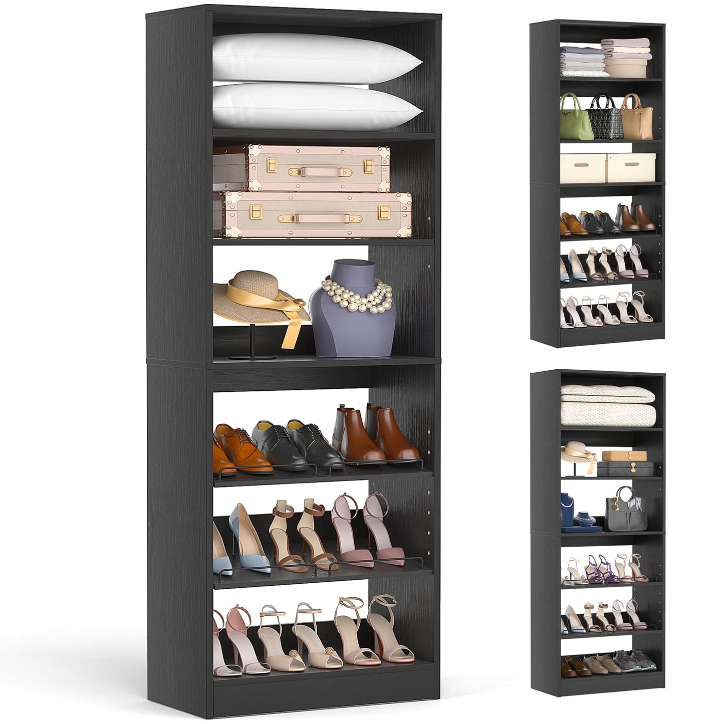 25 Inch Freestanding Closet Shoe Organizer, Standalone Wood Shoe Shelves